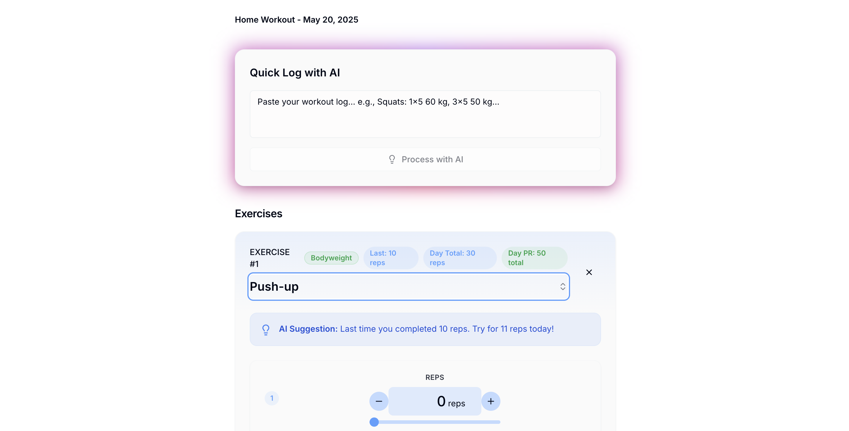 Workout logging interface with AI-powered exercise tracking